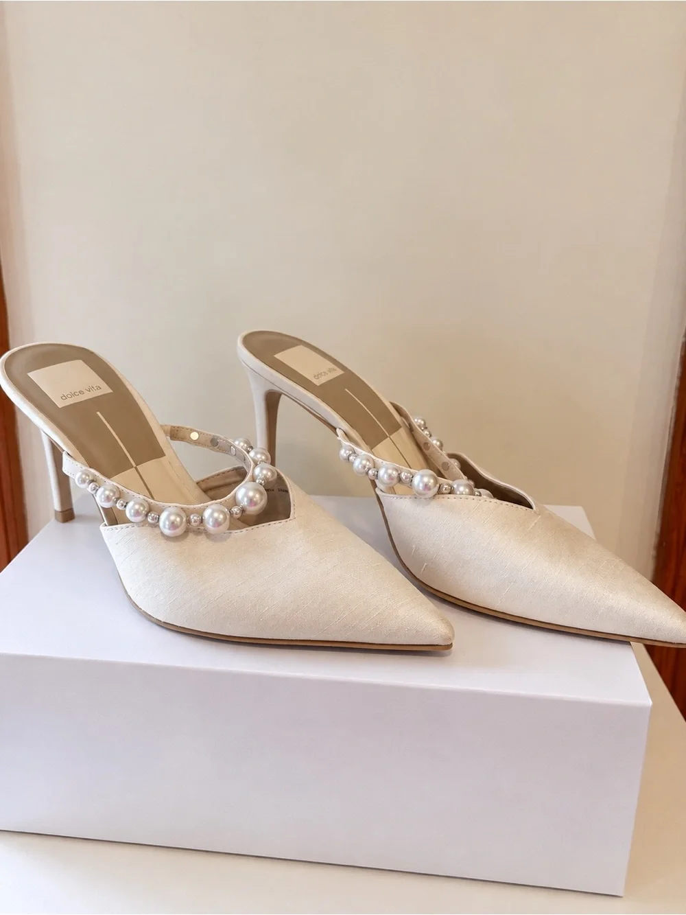 Dolce Vita Ivory Pearl-Embellished Pointed Mule Heels